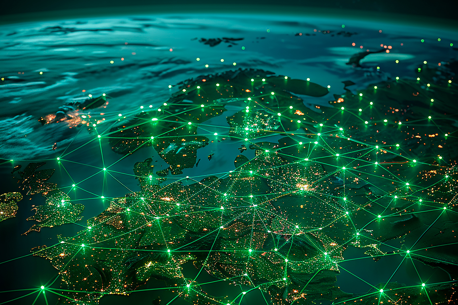 Night view of Europe from space, with glowing green lines connecting cities across the continent
