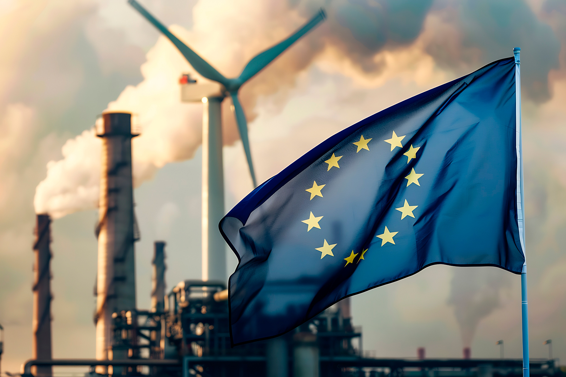 European Union flag in front of an industrial plant with smoking chimneys and a wind turbine