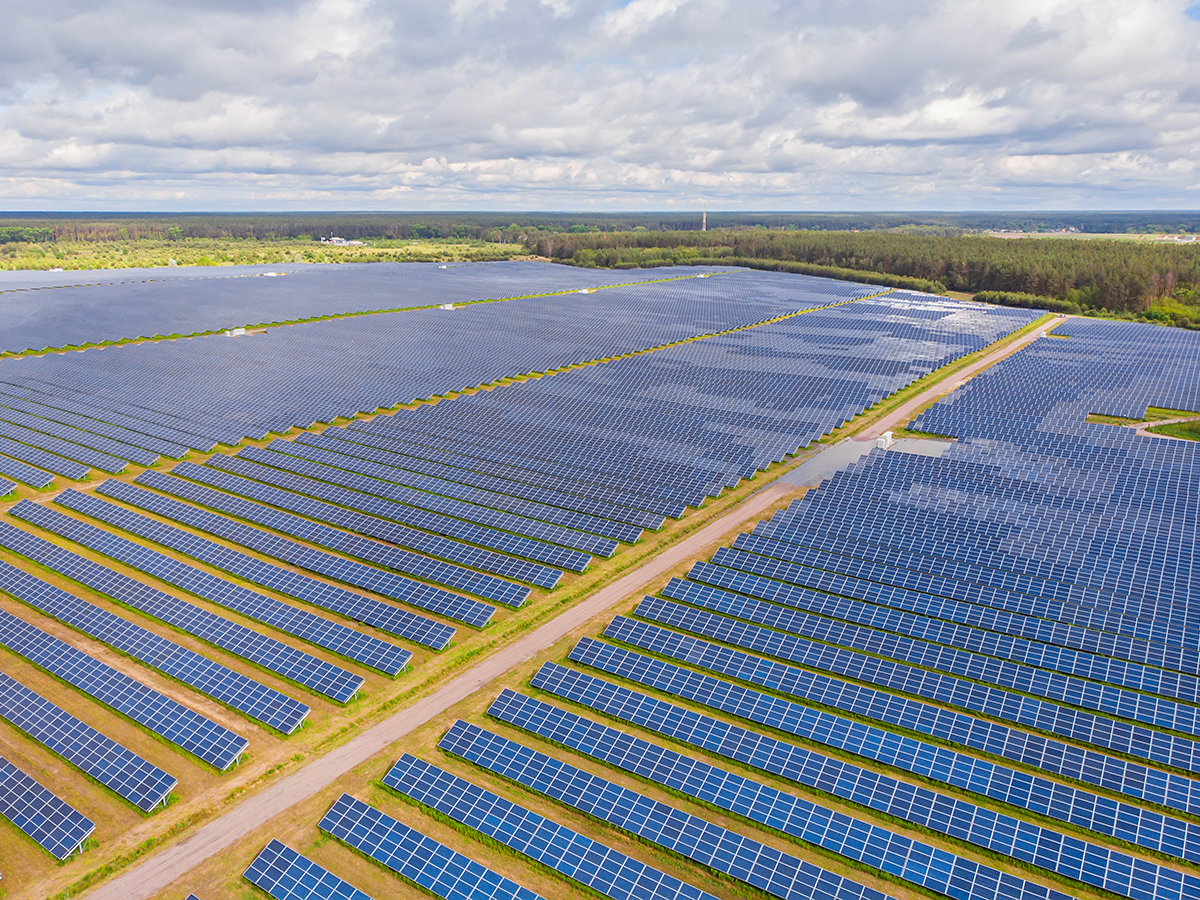 Aerial view of a large solar power plant with rows of panels surrounded by forest