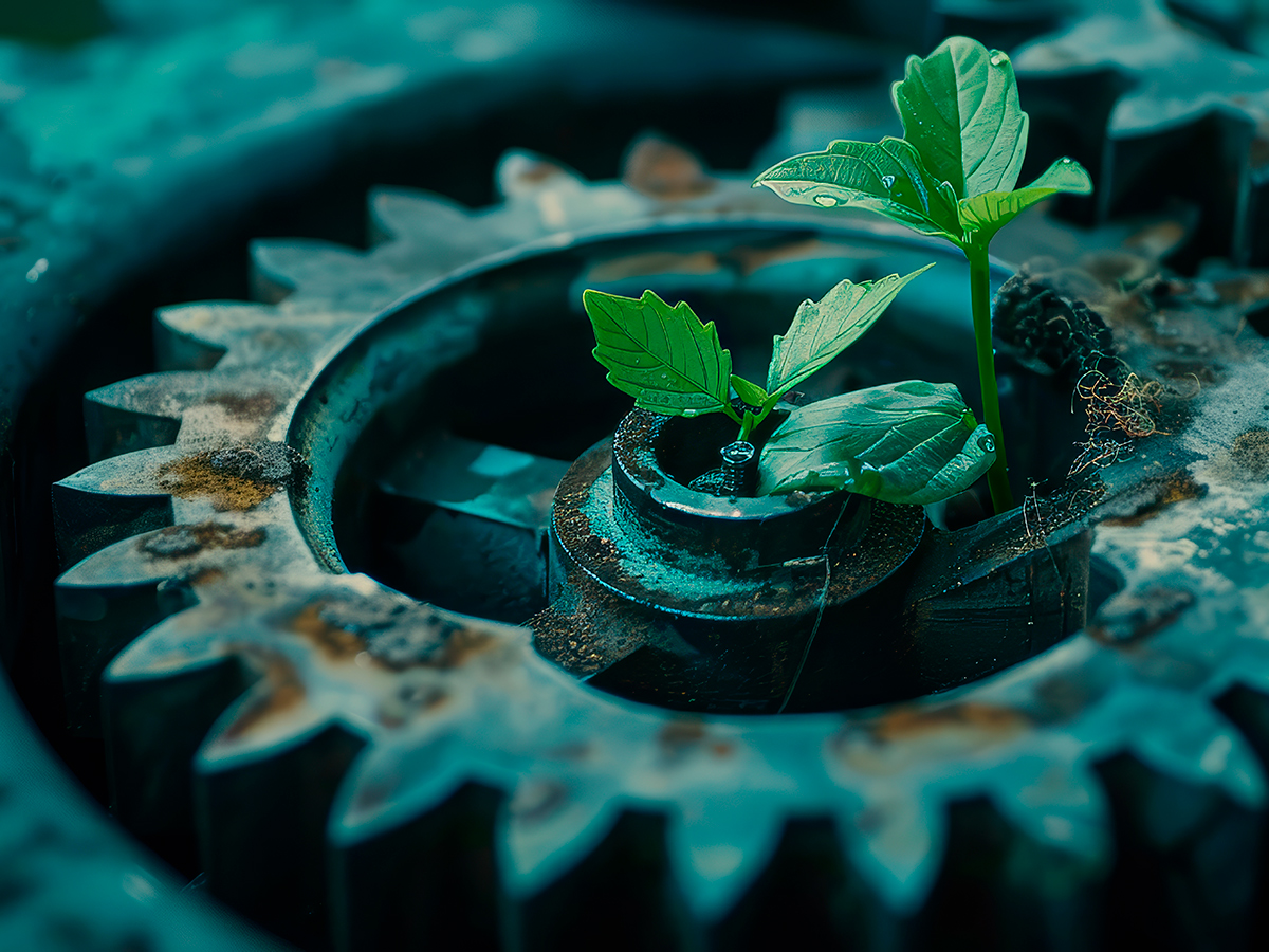 Small green seedling growing from the centre of a rusty metal gear